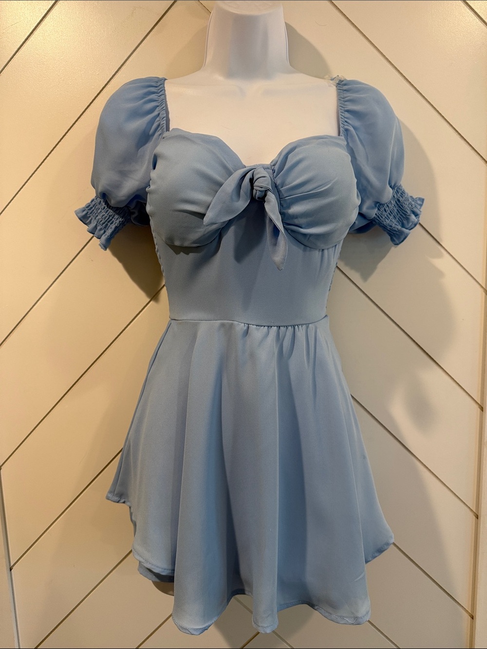 Light Blue Puff-Sleeve Mini Romper Dress - Picture 4 of 11